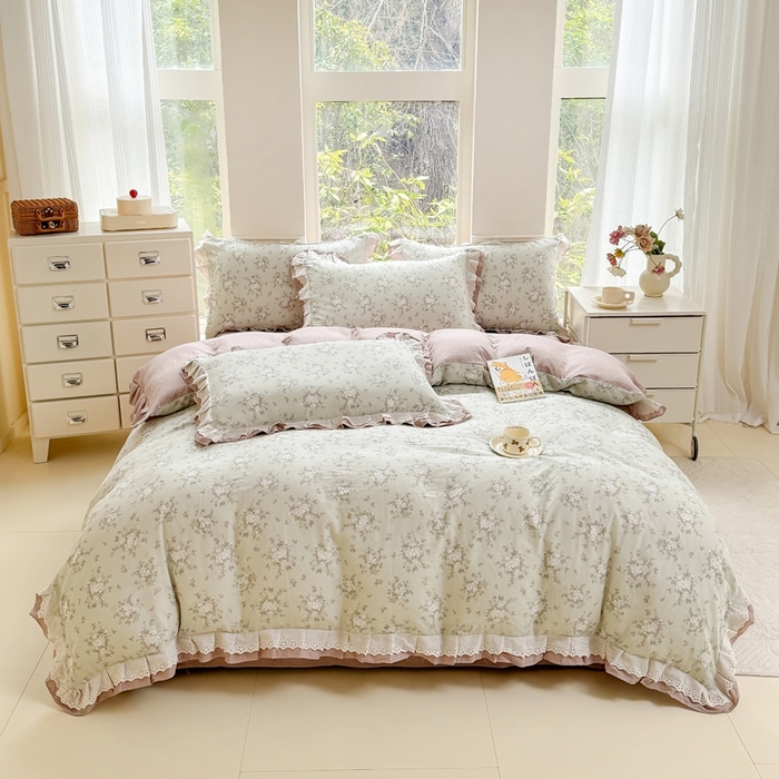 91家纺网 家纺一手货源 找家纺 晨晨家纺2025新款全棉双层花边双层纱四件套 浮生半日-绿