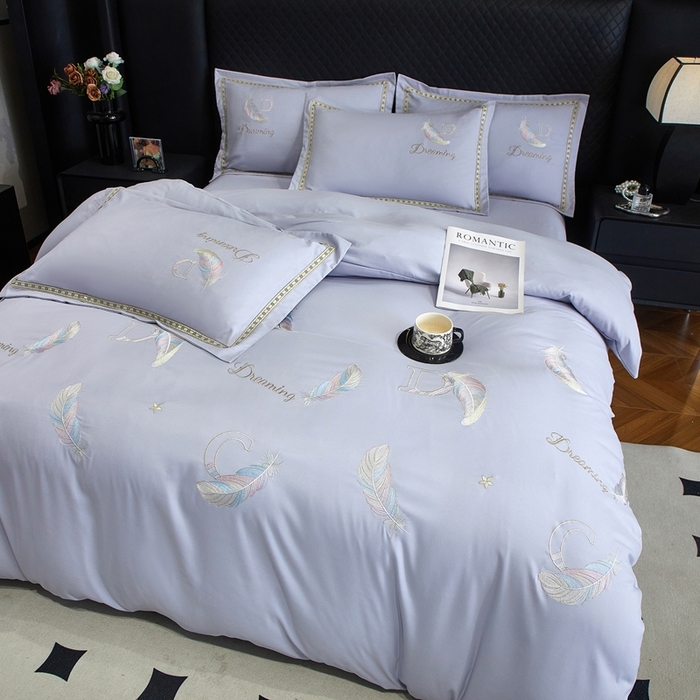 91家纺网 家纺一手货源 找家纺 佳宇轩 2025爆款水洗棉五彩刺绣四件套简约轻奢织带绣花床单床笠被罩4件套-蜜羽 蜜羽-浅灰