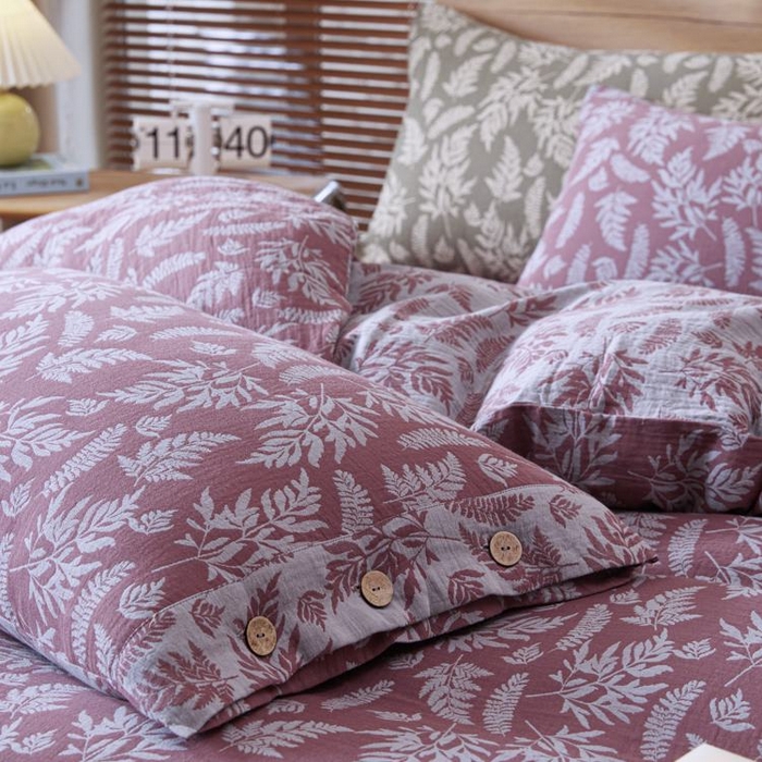 91家纺网 家纺一手货源 找家纺 2025新款全棉色织双层纱纽扣款四件套 扶苏-豆沙