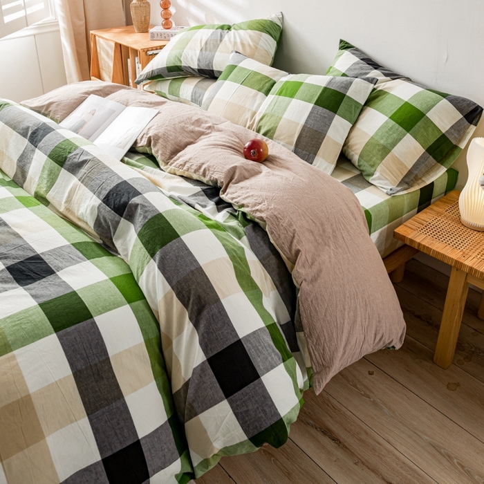 91家纺网 家纺一手货源 找家纺 2025新款A类色织水洗棉单被套 海青鲜绿格