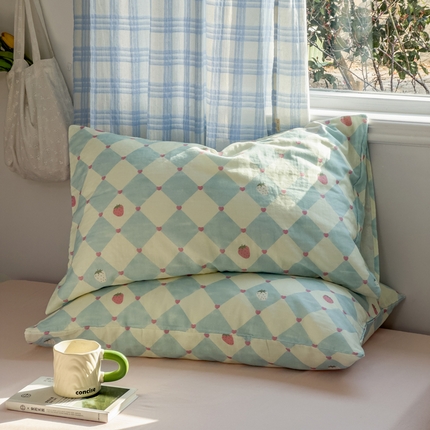 塔塔家居   2025新款全棉纯棉双层纱枕套单品单枕套枕套单件 草莓酱·蓝