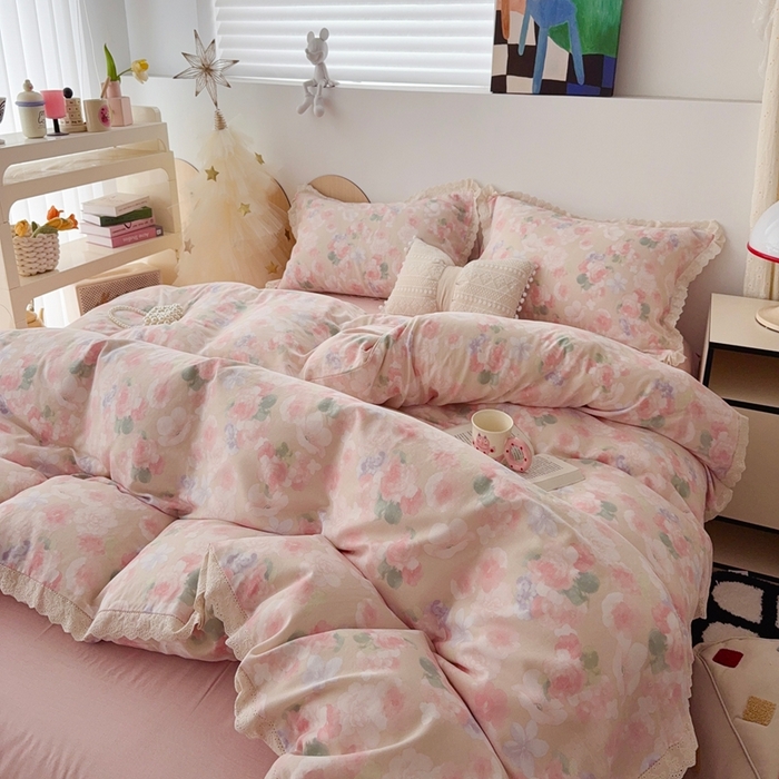 91家纺网 家纺一手货源 找家纺 于果 2025新款全棉双层纱花边款 潮汐月影