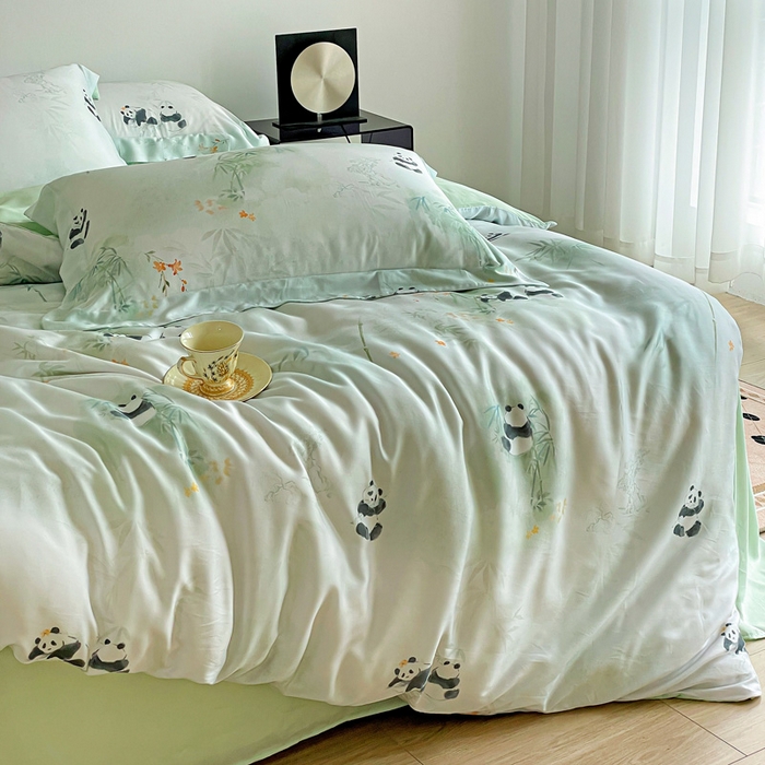 91家纺网 家纺一手货源 找家纺 棉生活家纺 2025新款天丝莱赛尔印花四件套 熊猫乐园