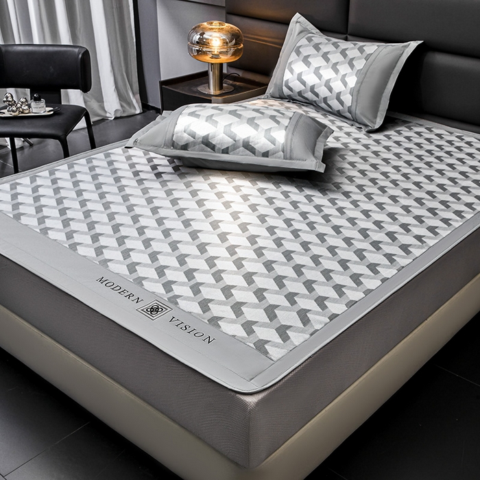 91家纺网 家纺一手货源 找家纺 全季家居 2025新款5A抗菌3D立体冰柔凉感冰丝席 菱形-银灰 床笠款