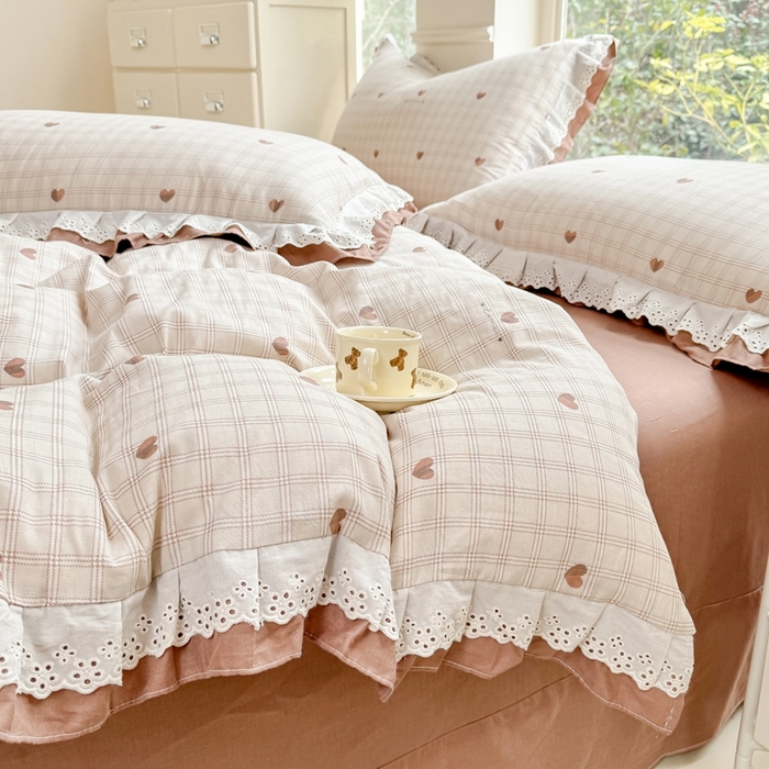 91家纺网 家纺一手货源 找家纺 晨晨家纺2025新款全棉双层花边双层纱四件套 心动-咖