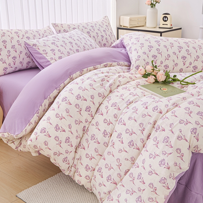 91家纺网 家纺一手货源 找家纺 蕾诺家纺 2025新款直播新款A类有氧提花云纱棉圆角吊边工艺四件套学生三件套 紫色郁金香