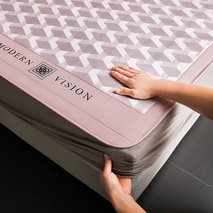 91家纺网 家纺一手货源 找家纺 全季家居 2025新款5A抗菌3D立体冰柔凉感冰丝席 菱形-淡粉 床笠款