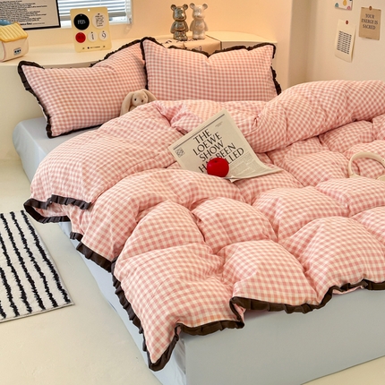 凯洛奇 2025新款1法式小清新蕾丝花边水洗棉四件套-风格一【提供买家秀】 皱皱纱花边-粉小格