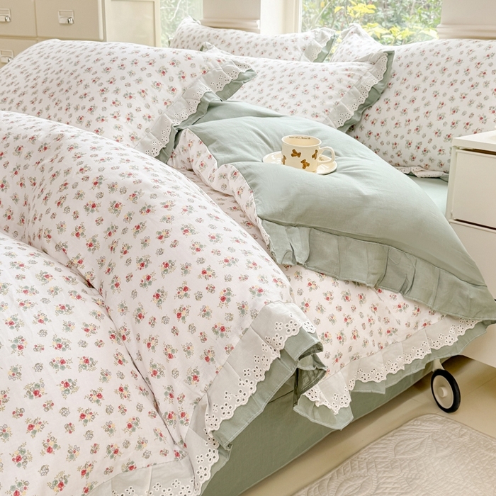 91家纺网 家纺一手货源 找家纺 晨晨家纺2025新款全棉双层花边双层纱四件套 花知晓