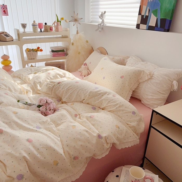 91家纺网 家纺一手货源 找家纺 于果 2025新款全棉双层纱花边款 草莓点点