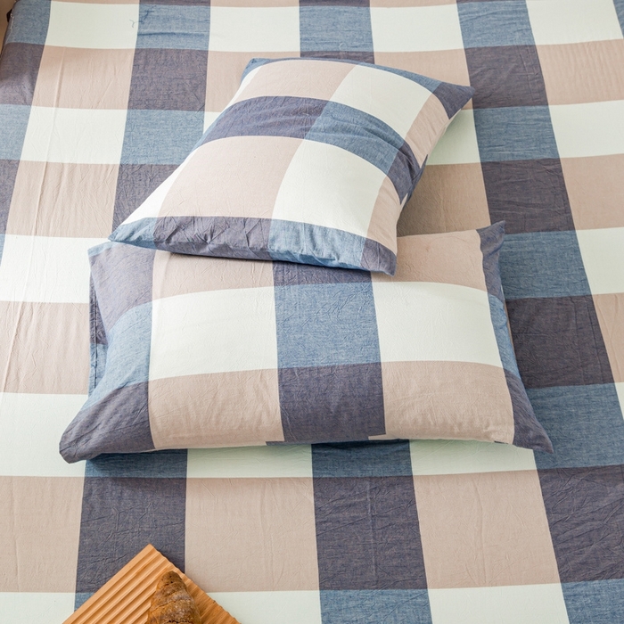 91家纺网 家纺一手货源 找家纺 2025新款A类色织水洗棉单被套 米棕丈青格