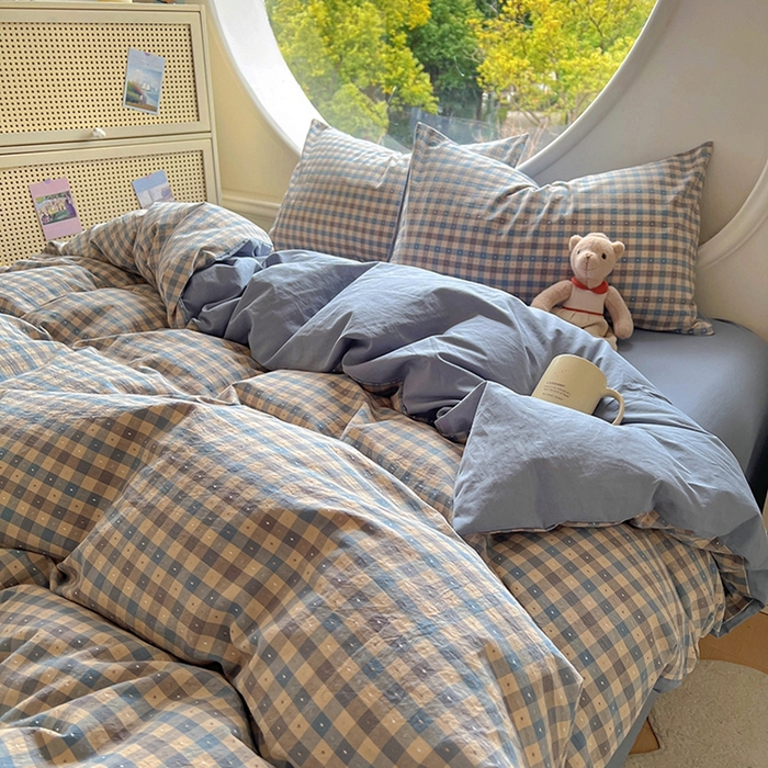 91家纺网 家纺一手货源 找家纺 田野 2025新款全棉水洗棉提花点点系列四件套 点点-深蓝