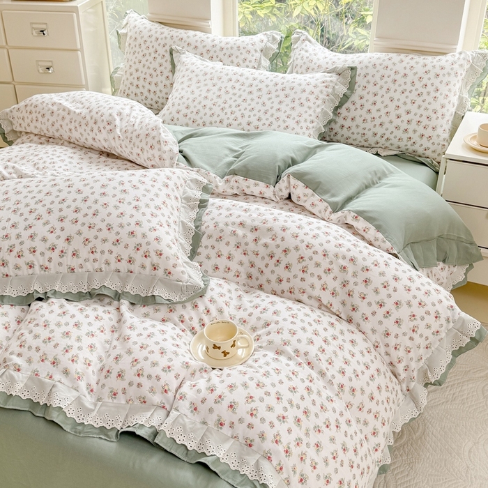 91家纺网 家纺一手货源 找家纺 晨晨家纺2025新款全棉双层花边双层纱四件套 花知晓