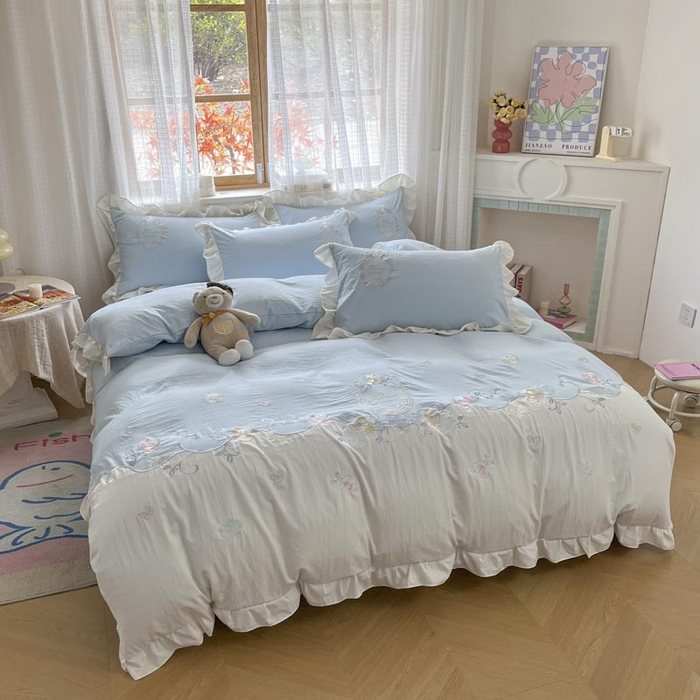 91家纺网 家纺一手货源 找家纺 ab家纺2025新款全棉水洗棉绣花四件套-夏莉儿 夏莉儿-天空蓝