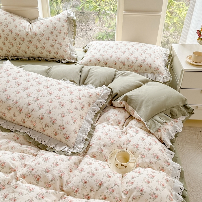 91家纺网 家纺一手货源 找家纺 晨晨家纺2025新款全棉双层花边双层纱四件套 香缇