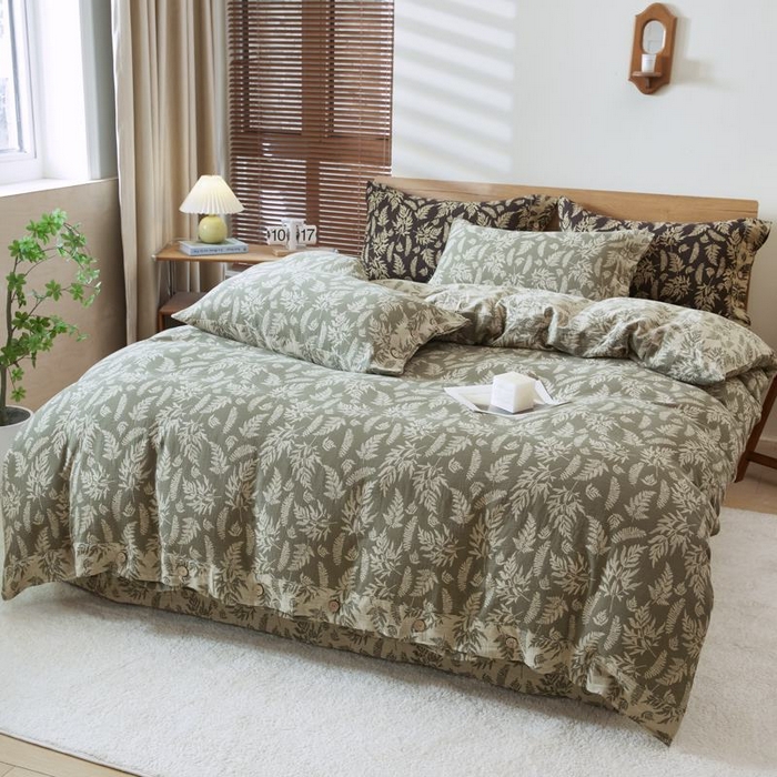 91家纺网 家纺一手货源 找家纺 2025新款全棉色织双层纱纽扣款四件套 扶苏-绿