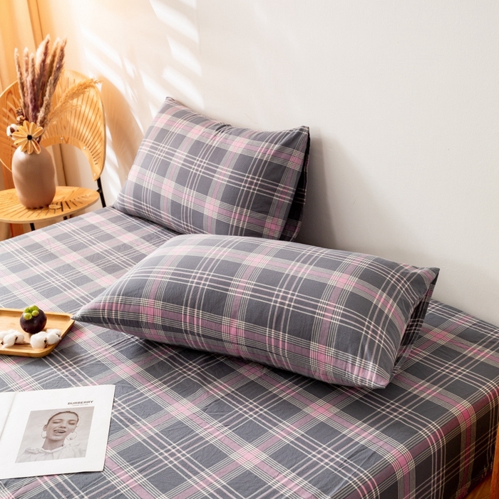 91家纺网 家纺一手货源 找家纺 2025新款A类色织水洗棉单被套 灰粉格