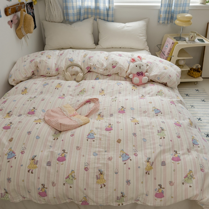 91家纺网 家纺一手货源 找家纺 塔塔家居  2025新款全棉纯棉双层纱被套单品单被套被套单件 桃桃少女·粉