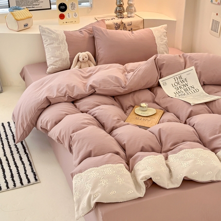 凯洛奇 2025新款1法式小清新蕾丝花边水洗棉四件套-风格一【提供买家秀】 蕾丝花边-玫瑰豆沙