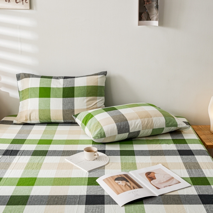 91家纺网 家纺一手货源 找家纺 2025新款A类色织水洗棉单被套 海青鲜绿格