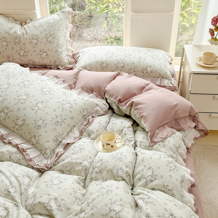 91家纺网 家纺一手货源 找家纺 晨晨家纺2025新款全棉双层花边双层纱四件套 浮生半日-绿