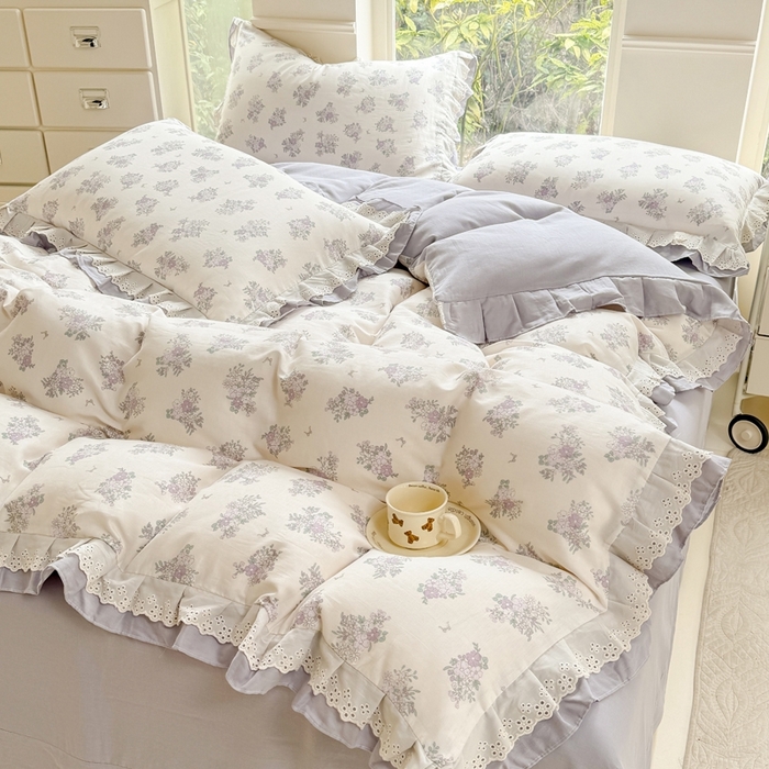 91家纺网 家纺一手货源 找家纺 晨晨家纺2025新款全棉双层花边双层纱四件套 紫香甜语