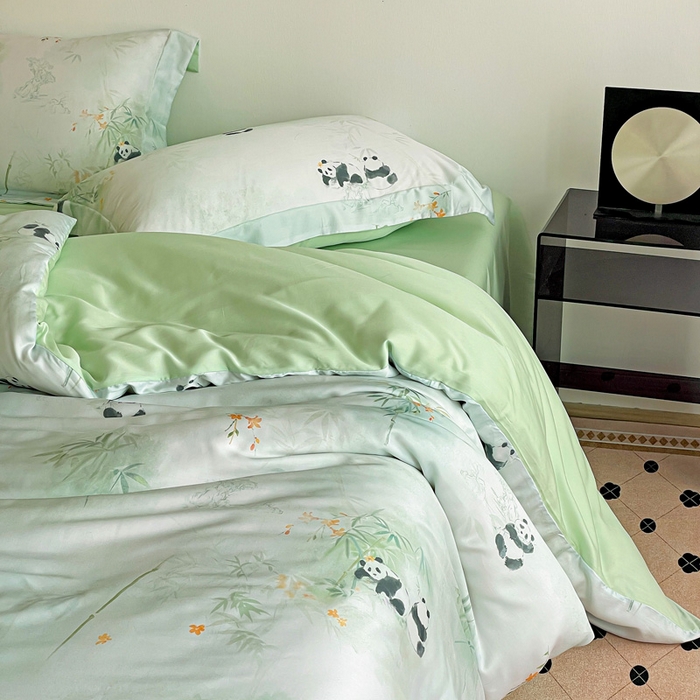 91家纺网 家纺一手货源 找家纺 棉生活家纺 2025新款天丝莱赛尔印花四件套 熊猫乐园