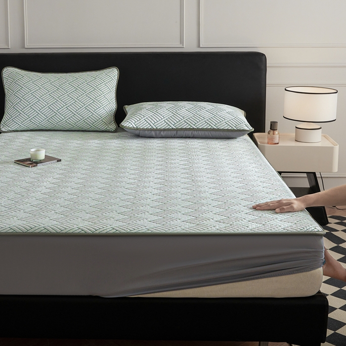 91家纺网 家纺一手货源 找家纺 2025新款韩国外贸爆款加厚PE中分子凉感豆豆软席 时空绿-床笠款