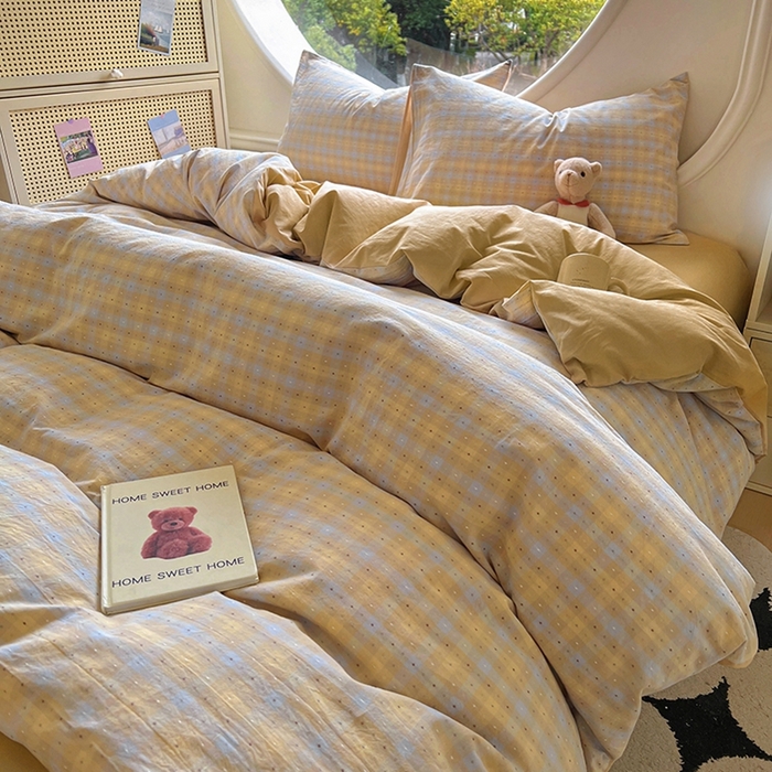 91家纺网 家纺一手货源 找家纺 田野 2025新款全棉水洗棉提花点点系列四件套 点点-兰咖