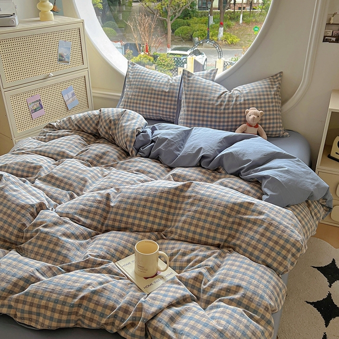 91家纺网 家纺一手货源 找家纺 田野 2025新款全棉水洗棉提花点点系列四件套 点点-深蓝