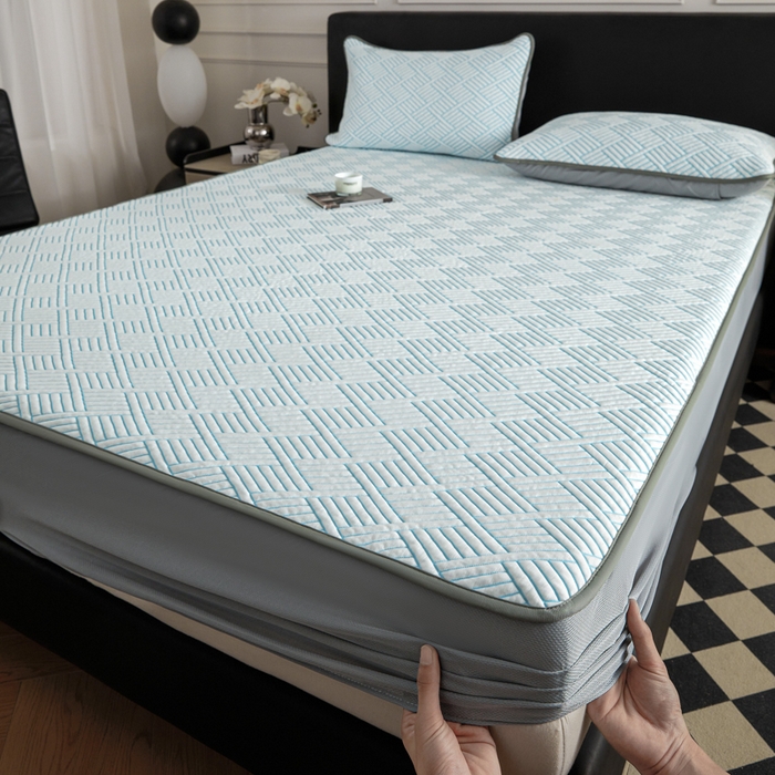 91家纺网 家纺一手货源 找家纺 2025新款韩国外贸爆款加厚PE中分子凉感豆豆软席 时空蓝-床笠款