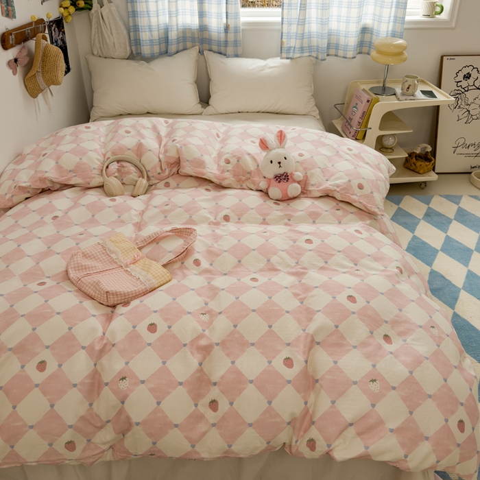 91家纺网 家纺一手货源 找家纺 塔塔家居  2025新款全棉纯棉双层纱四件套 草莓酱·粉