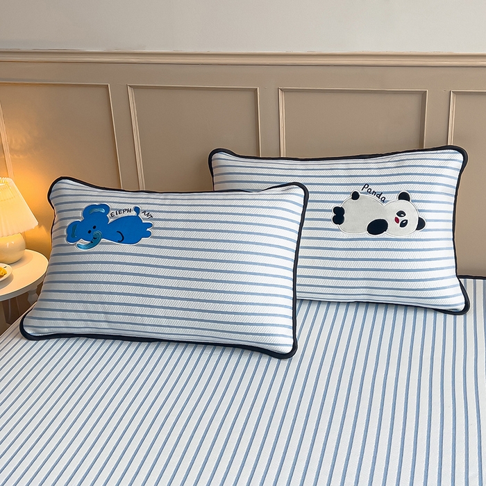 91家纺网 家纺一手货源 找家纺 炫拼  2025新款A类凉豆豆提花条纹卡通刺绣床笠席三件套 趴趴睡