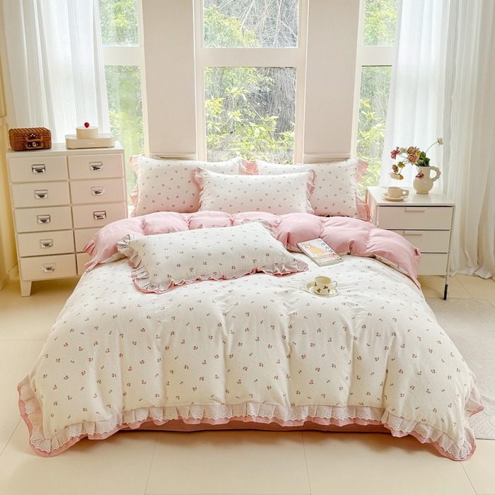 91家纺网 家纺一手货源 找家纺 晨晨家纺2025新款全棉双层花边双层纱四件套 秋实