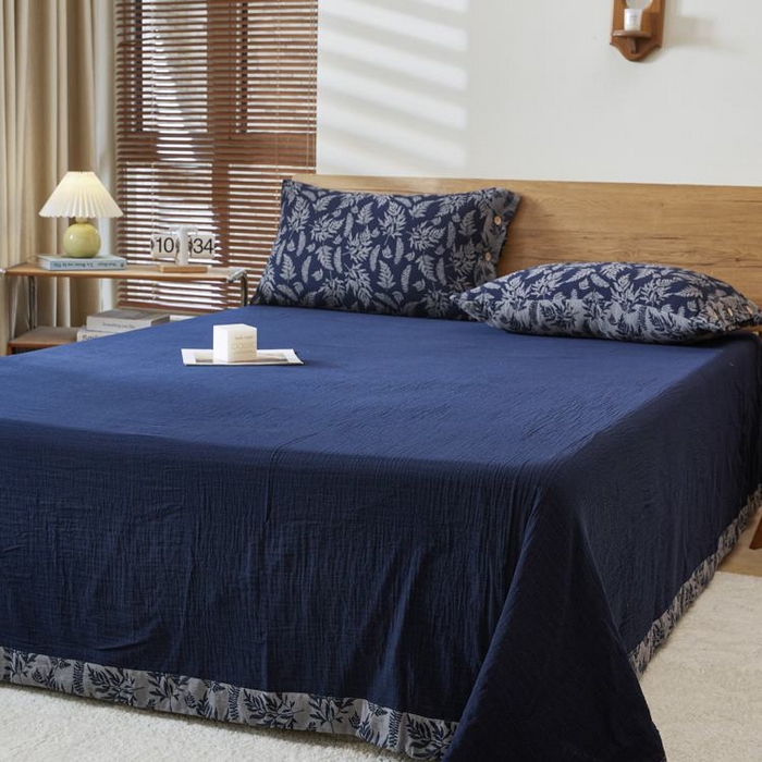 91家纺网 家纺一手货源 找家纺 2025新款全棉色织双层纱纽扣款四件套 扶苏-深兰