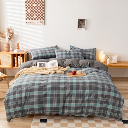 91家纺网 家纺一手货源 找家纺 2025新款A类色织水洗棉单被套 灰绿格