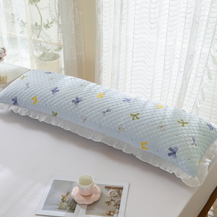 美宜家 2025新款夏季凉感丝双人枕套花边情侣长枕套 蝴蝶结兰