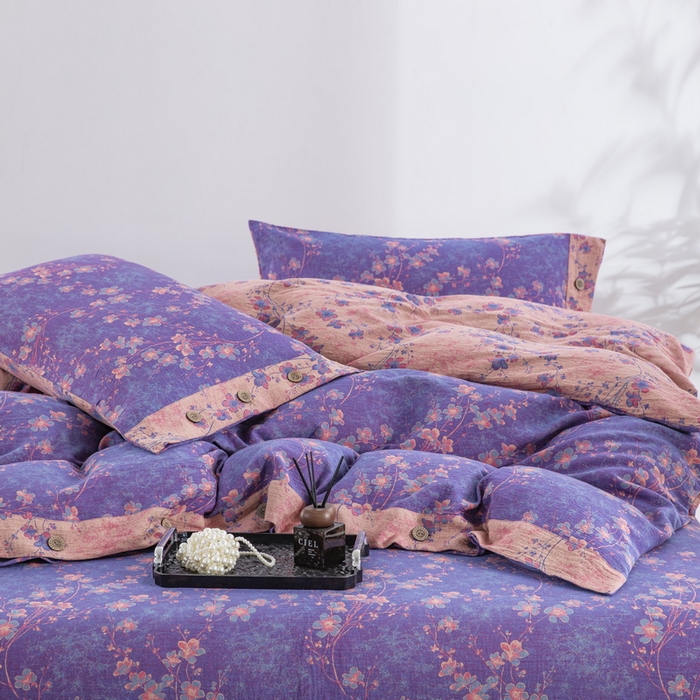 91家纺网 家纺一手货源 找家纺 2025新款全棉色织双层纱纽扣款四件套 织梦-紫罗兰