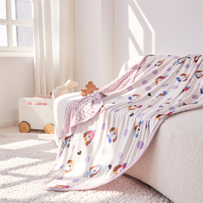 91家纺网 家纺一手货源 找家纺 艾佳宝贝 2025新款A类针织豆豆儿童多功能宿舍午睡安抚盖毯 晚安 小狗-盖毯