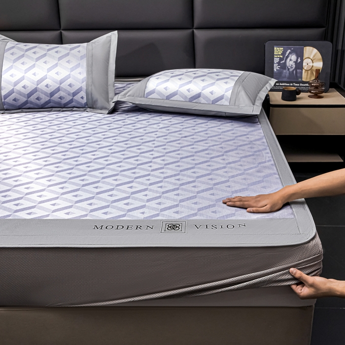 91家纺网 家纺一手货源 找家纺 全季家居 2025新款5A抗菌3D立体冰柔凉感冰丝席 格调-天蓝 床笠款