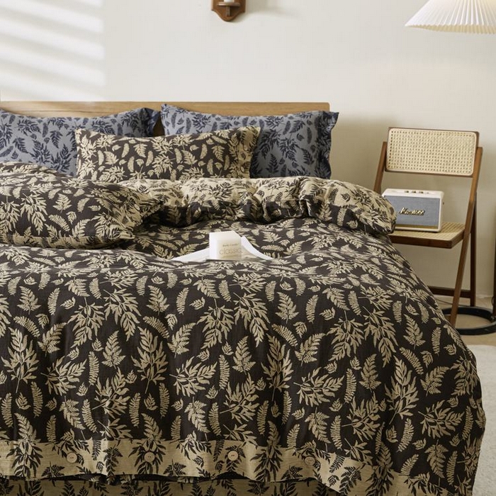 91家纺网 家纺一手货源 找家纺 2025新款全棉色织双层纱纽扣款四件套 扶苏-深咖