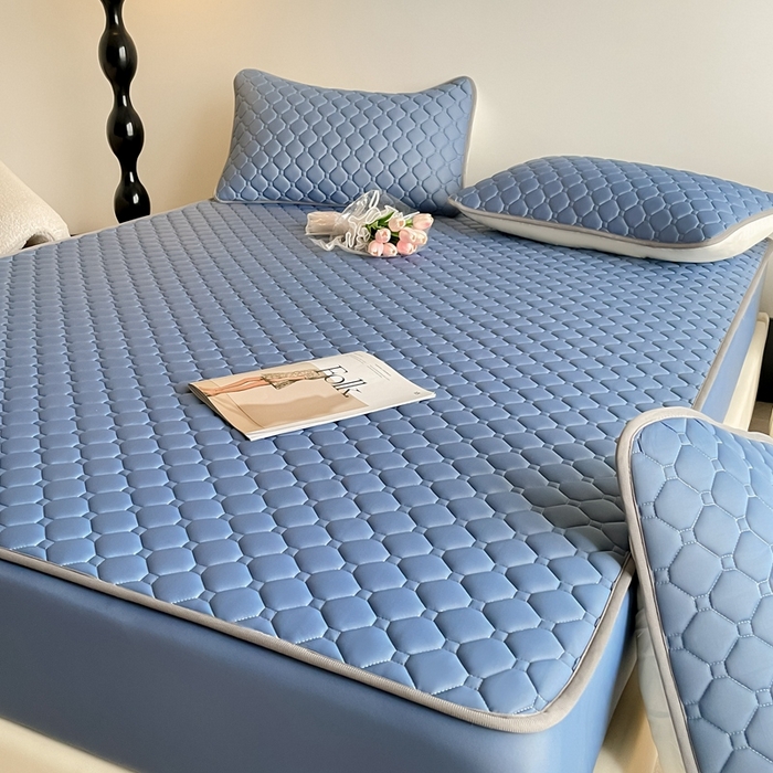 91家纺网 家纺一手货源 找家纺 2025新款加厚乳胶床笠款经典纯色夏被套件 方格-宝蓝