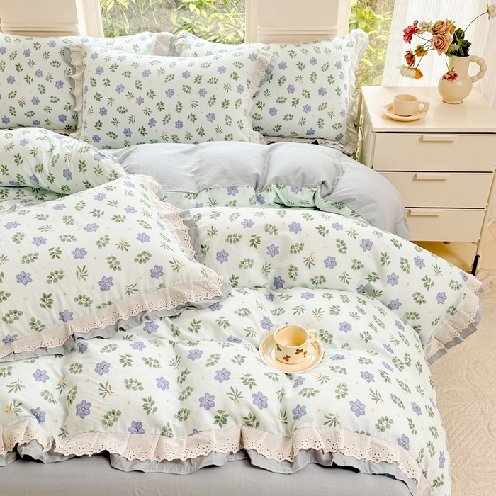 91家纺网 家纺一手货源 找家纺 晨晨家纺2025新款全棉双层花边双层纱四件套 浅浅花漾