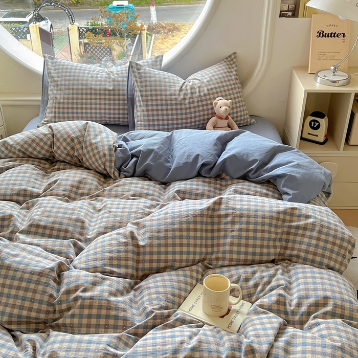 91家纺网 家纺一手货源 找家纺 田野 2025新款全棉水洗棉提花点点系列四件套 点点-深蓝