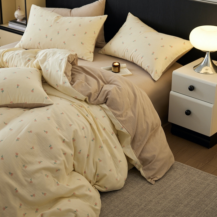 91家纺网 家纺一手货源 找家纺 千朵森 2025新款高品质ins风A类全棉纯棉双层纱四件套（泽塔斯） 泽塔斯-夕颜