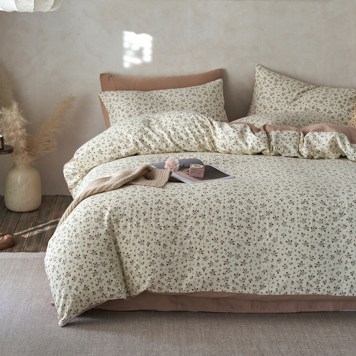 91家纺网 家纺一手货源 找家纺 千朵森 2025新款高品质ins风A类全棉纯棉双层纱四件套（泽塔斯） 泽塔斯-茶花