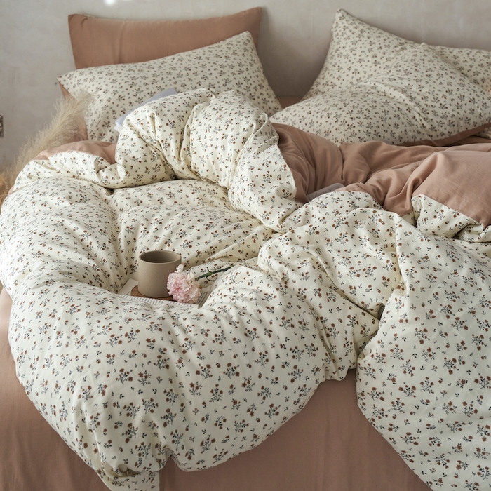 91家纺网 家纺一手货源 找家纺 千朵森 2025新款高品质ins风A类全棉纯棉双层纱四件套（泽塔斯） 泽塔斯-茶花