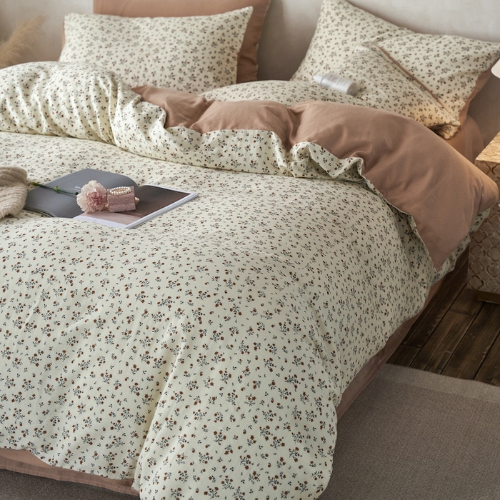 91家纺网 家纺一手货源 找家纺 千朵森 2025新款高品质ins风A类全棉纯棉双层纱四件套（泽塔斯） 泽塔斯-茶花