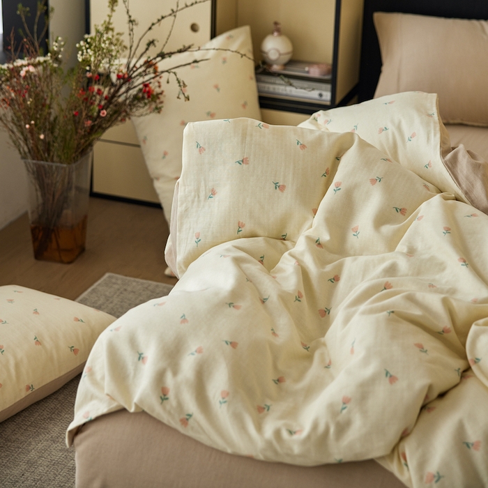 91家纺网 家纺一手货源 找家纺 千朵森 2025新款高品质ins风A类全棉纯棉双层纱四件套（泽塔斯） 泽塔斯-夕颜