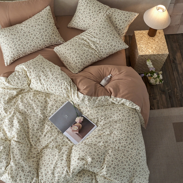 91家纺网 家纺一手货源 找家纺 千朵森 2025新款高品质ins风A类全棉纯棉双层纱四件套（泽塔斯） 泽塔斯-茶花